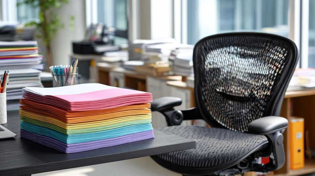Ergonomic black office chair beside a desk with a large stack of colorful specialty paper, modern office workspace with shelves and natural light in the background.