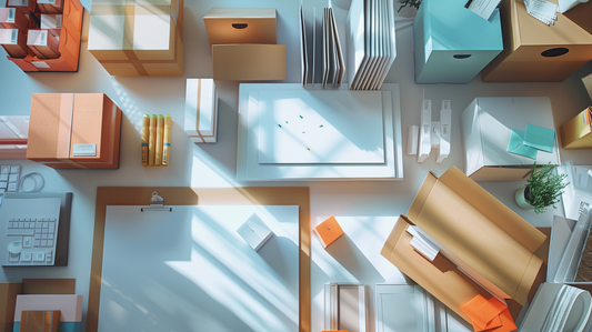 Modern office desk with colorful storage boxes, folders, clipboard, and mailing supplies neatly arranged