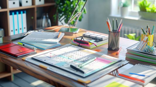 Desk with planners, notebooks, calendars, and pens arranged for scheduling and documentation