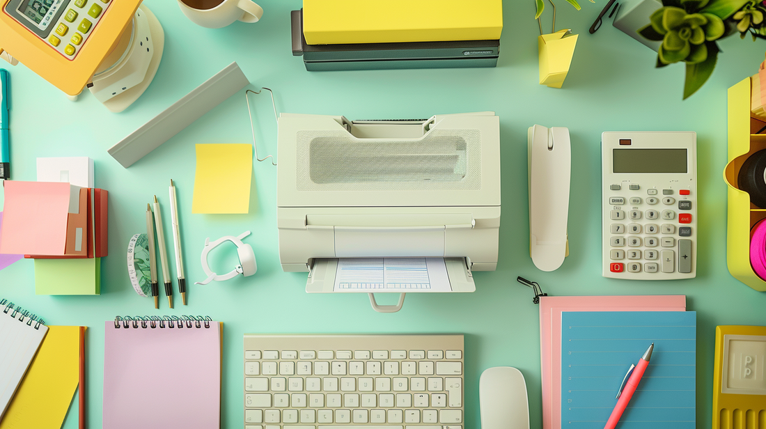 "Modern desk with calculator, printer, keyboard, notebooks, and various organized office supplies"