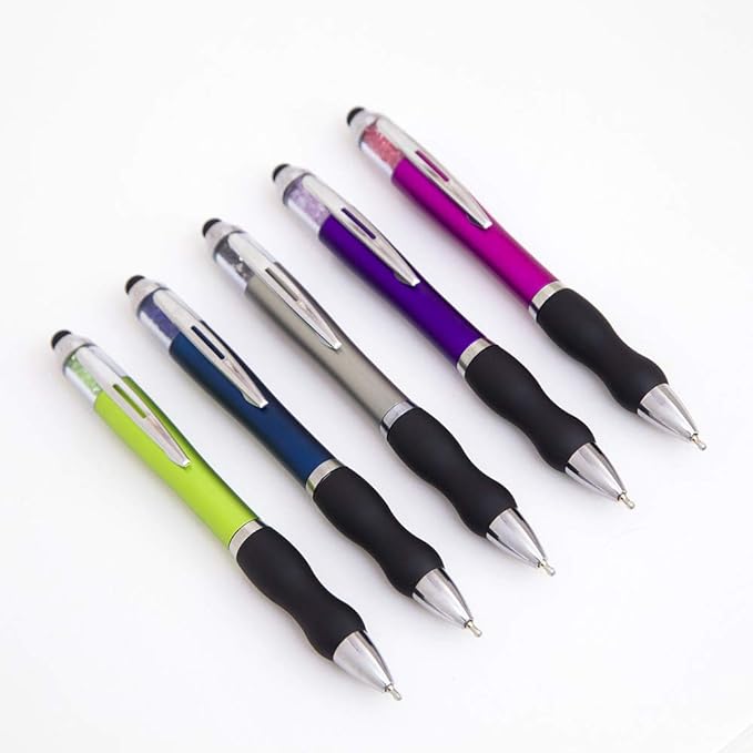 Stylus Pens for Touch Screens Medium Point Pens with Crystals for Women and Kids Black Ink Pen with Stylus Ballpoint Pens with Comfort Grip for The iPad, 5-Pack
