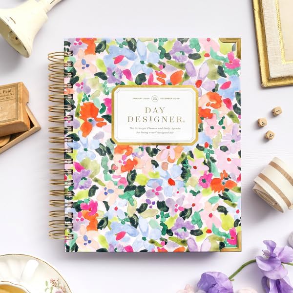 Day Designer 2025 Daily Planner – Premium Planner for Stylish Organization. Combines Monthly Calendar, Hourly Schedule, To-Do List, Gratitude, Goal Setting, Inspirational Quotes, Stickers & More. Elegant laminated Cover with Gold Accents (Blurred Spring)