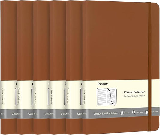 Comix 6 Pack Lined Journal Notebooks for Work, 240 Pages, 5.5"x8.3", Brown, Hardcover, A5 Medium College Ruled, Journaling Notebooks for Notes-Taking, Fits for Office School Home
