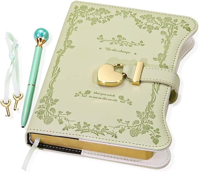 Diary with Lock and Keys for Girls Gift Ideas, 360 Gold Edged Pages Journal for Women, B6 Refillable Notebook for Writing with Pen and Bookmark (Garden Matcha)
