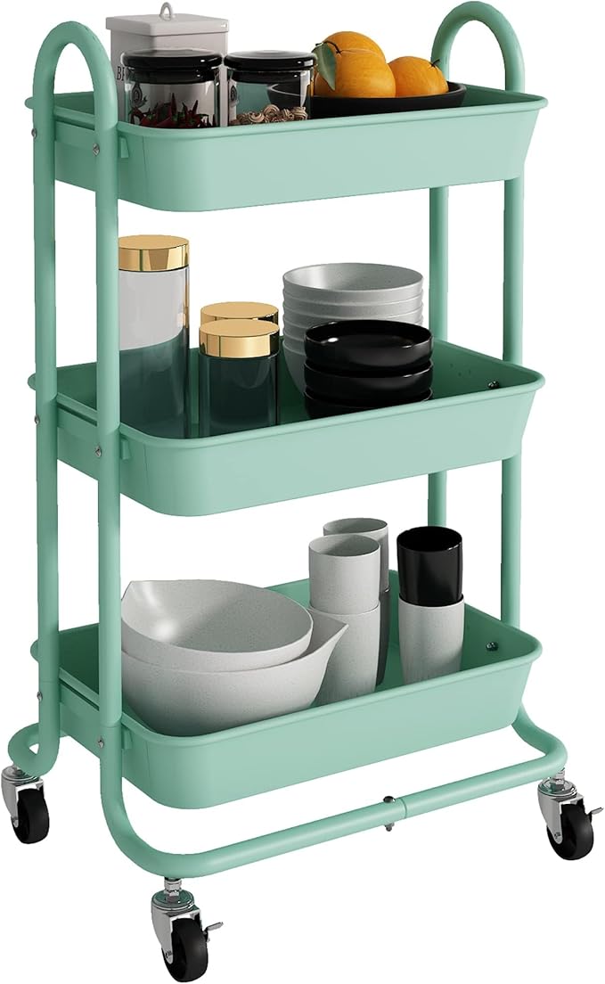 3-Tier Green Utility Rolling Cart,Kitchen Storage Carts with Wheels,Green Metal Rolling Cart for Office,Home,Kitchen,Garden๏ผ18"x11.4"x31.2"๏ผ