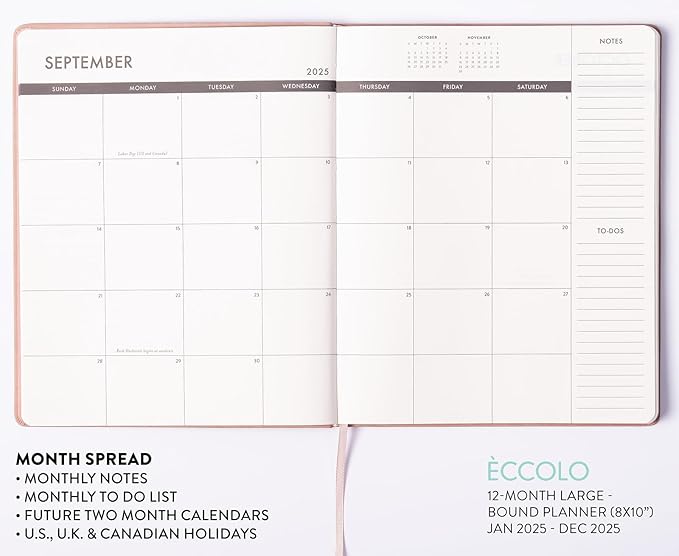 Eccolo 2025 Large Agenda Planner, 12 Month, Yearly, Monthly & Weekly Pages, Habit & Gratitude Tracker (Flexi-Cover - 8 x 10")