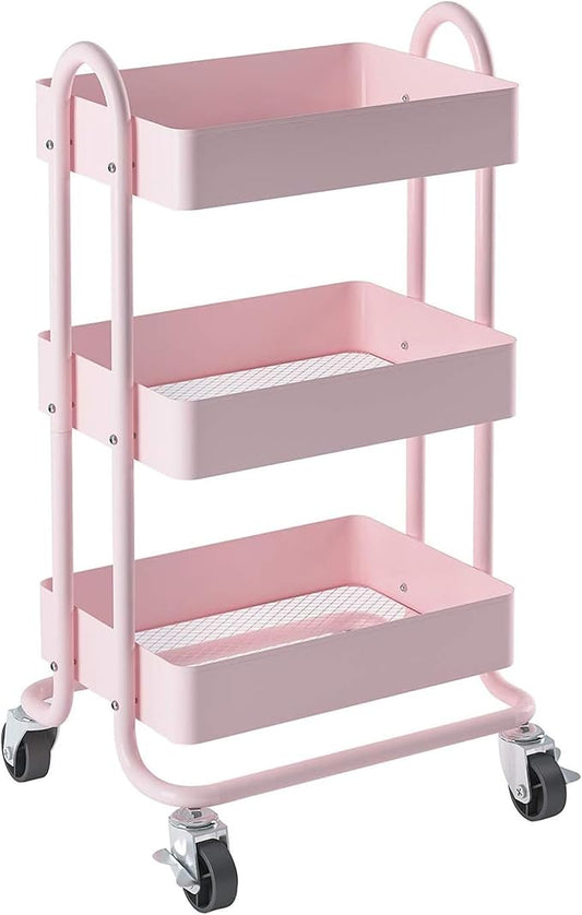 3-Tier Pink Utility Rolling Cart,Kitchen Storage Carts with Wheels,Pink Metal Rolling Cart for Office,Home,Kitchen,Garden(13.4"x18.1"x31") Pink