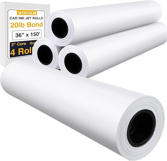VOISEN Wide Format Paper,4 Rolls Plotter Paper 36 In x 150 Ft, 20lb CAD Bond Rolls on 2" Core for CAD Printing on Wide Format Ink Jet Printers