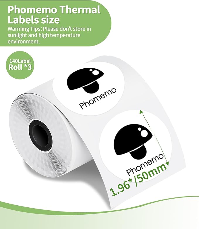 3 Roll Self-Adhesive Round Circle Thermal Labels for Phomemo M110/M221/M220/M120/M200/M110S Label Printers,1.96"(50 mm),Multi-Purpose Thermal Stickers,Black on White,140Labels/Roll