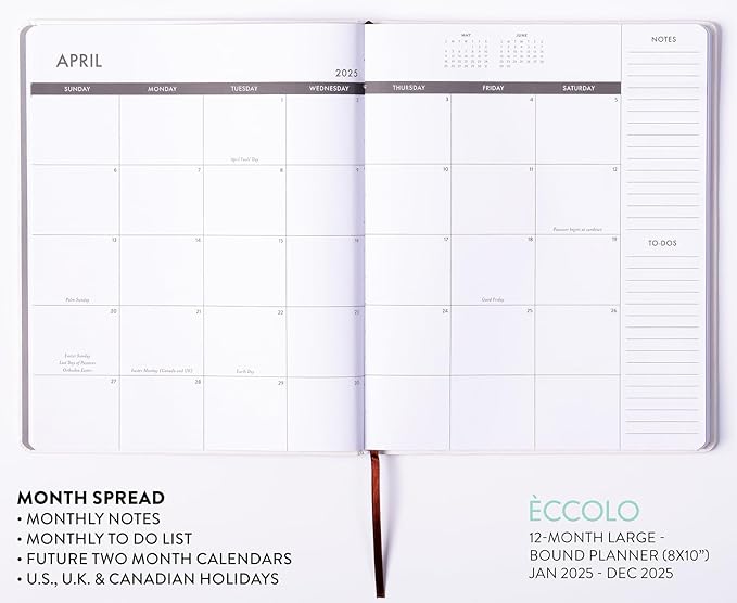 Eccolo 2025 Large Agenda Planner, 12 Month, Yearly, Monthly & Weekly Pages, Habit & Gratitude Tracker (Hardcover - 8 x 10")