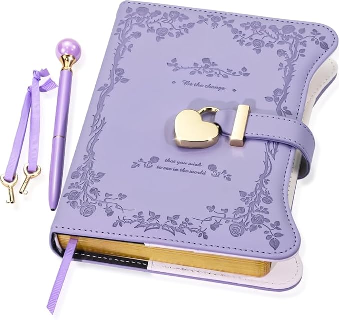 Diary with Lock and Keys for Girls Gift Ideas, 360 Gold Edged Pages Journal for Women, B6 Refillable Notebook for Writing with Pen and Bookmark (Garden Purple)