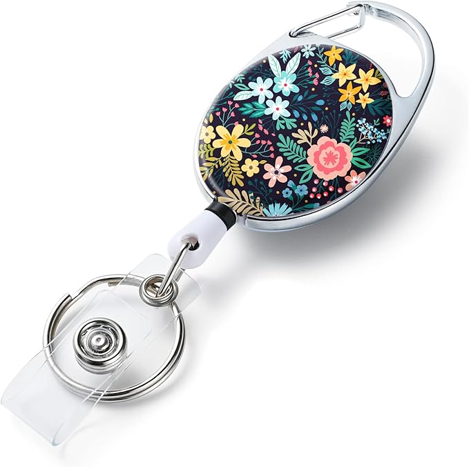 Badge Reels Retractable,Double Sided Color Print Pattern Retractable Badge Holders,with Retractable Keychain, Badge Clip and Key Ring,Durable Nylon Retractable Rope,Flower on Black