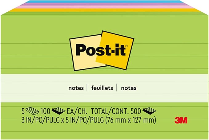 Post-it Notes, 3 in x 5 in, 5 Lined Sticky Notes Pads, 100 Sheets per Pad, Floral Fantasy Collection, School Supplies and Office Products