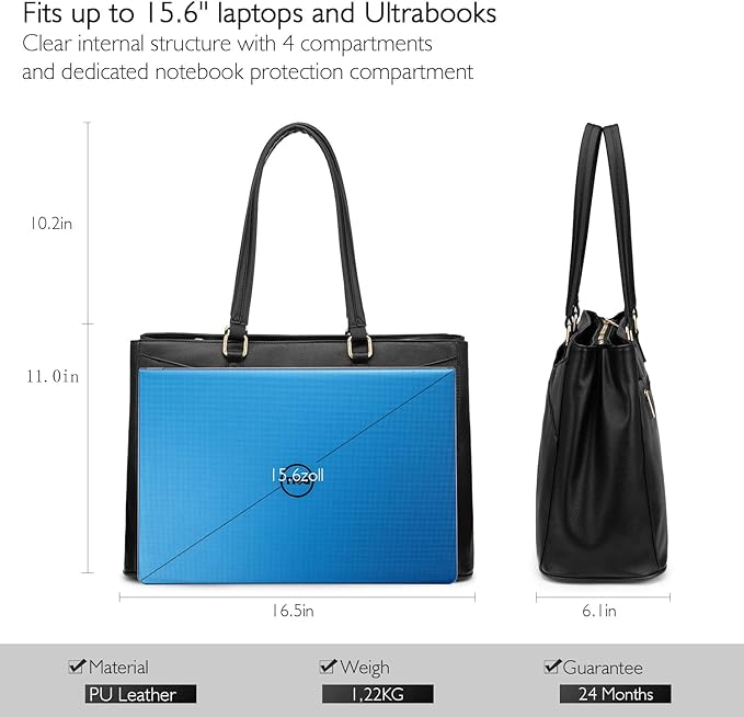 LOVEVOOK Laptop Tote Bag for Women 15.6 Inch Waterproof Leather Computer Bags Business Office Work Briefcase Black