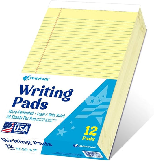 KAISA Legal Pads 8.5x14 inch Large Writing Pads Wide Ruled Notepads School Office Home Note Pads, Yellow 50 Sheets 12 Pads, WT-LCY50W