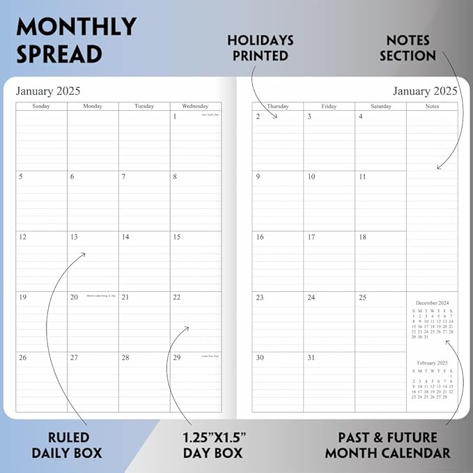 2025 Planner - Weekly and Monthly Planner Jan to Dec 2025, Holidays, Contacts and Notes Pages, Vegan Leather Cover, Elastic Closure, 5.5”x8.25”, Teal