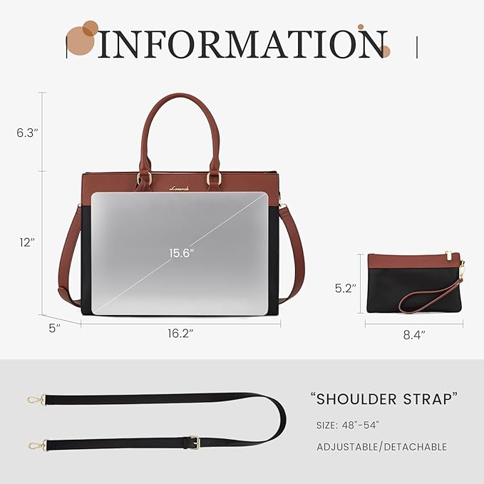 LOVEVOOK Laptop Bag for Women, 15.6 inch Leather Tote Bag Work Business Office Bag Waterproof Briefcase Computer Handbag Shoulder, Black-Brown