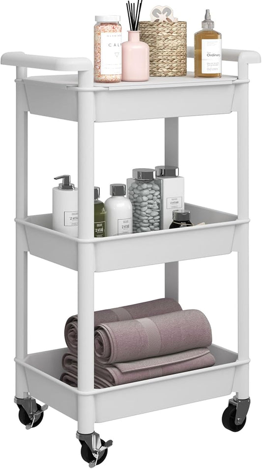 3-Tier Utility Rolling Cart with Cover Top Board, Mobile Utility Cart with Lockable Casters Multi-Functional Storage Trolley for Office, Bathroom, Kitchen, Garden, Laundry Room (White)