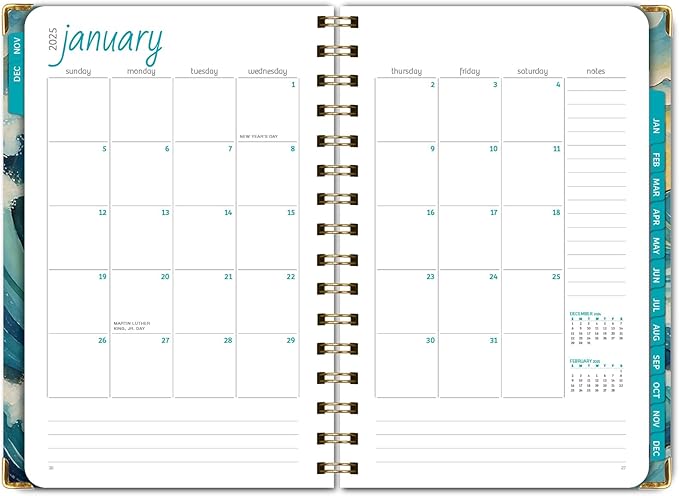 HARDCOVER 2025 Planner, 5.5"x8": 14 Months (November 2024 - December 2025), Daily Weekly Monthly Planner, Yearly Agenda, Bookmark, Pocket Folder and Sticky Note Set (Ocean Waves)