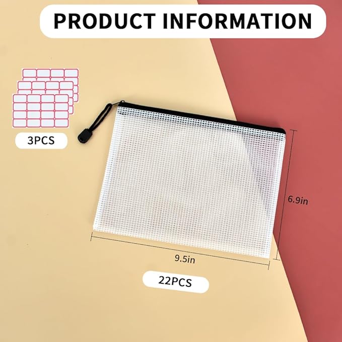 Vuzvuv A5-22 PCS 9.49"x 7.09"Mesh Zipper Pouch Set,Resistant Document File Folders Plastic Mesh Bag with Label Sticker for File, Document, Makeup, Board Game School Office Home Travel Storage