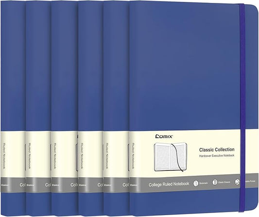 Comix 6 Pack Lined Journal Notebooks for Work, 240 Pages, 5.5"x8.3", Navy Blue, Hardcover, A5 Medium College Ruled, Journaling Notebooks for Notes-Taking, Fits for Office School Home