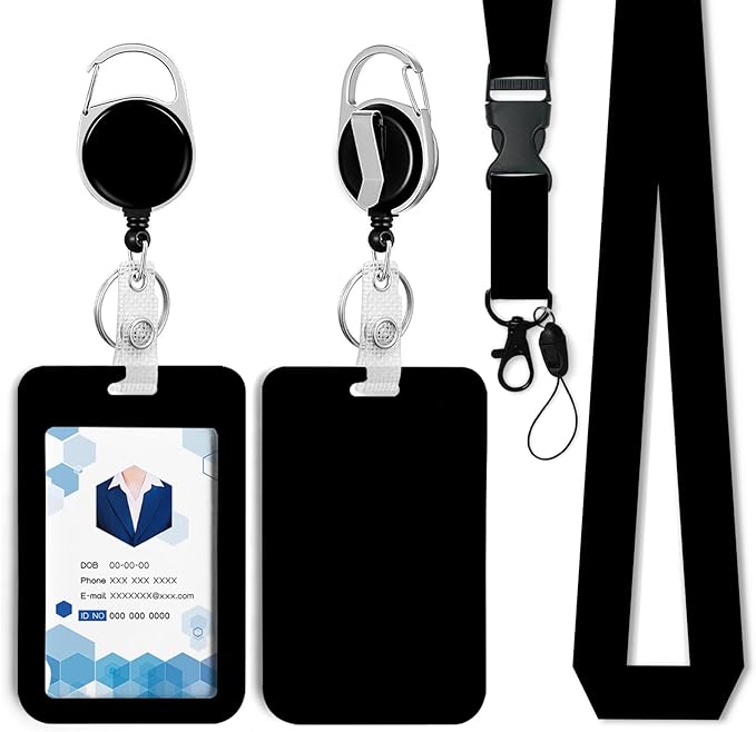 Black Badge Holder with Retractable Reel and Breakaway Lanyard,Badge Clips Retractable Heavy Duty Badge Reel,Keychain,ID Holder with Breakaway Lanyard for School Nurse Office Teen