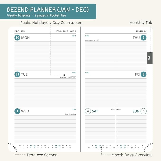 BEZEND Pocket Calendar 2025 for Purse 3.5" x 6", 2025 Pocket Planner Daily Weekly & Monthly with Pen Holder, Small Agenda 2025 with Vegan Leather Hard Cover - Dark Green
