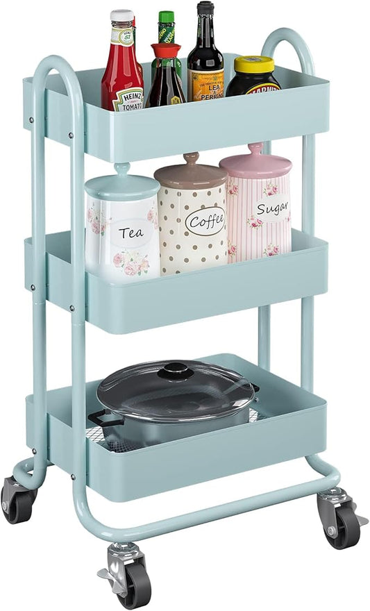 3-Tier Rolling Cart with Wheels,Kitchen Storage Carts or Metal Rolling Utility Cart with Handle,Movable Storage Organizer,Blue Carts for Nursery, Kitchen, Bathroom, Craft Room(13.4"x18.1"x31")