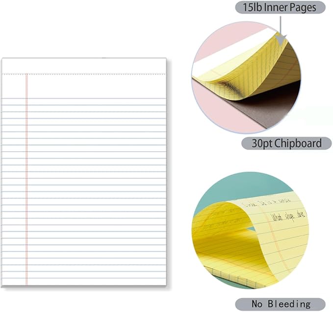 KAISA Legal Pads 8.5x11 inch Writing Pads, Wide Ruled Notepads Large Note Pads, White 50 Sheets 12 Pads,WT-MWT50W