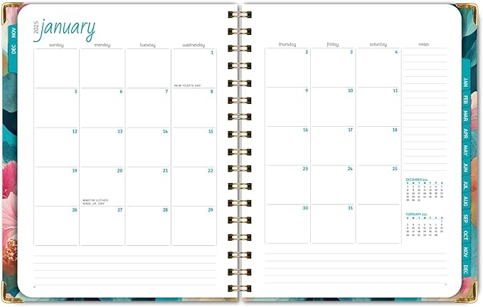 HARDCOVER 2025 Planner, 7"x9": 14 Months (November 2024 - December 2025), Daily Weekly Monthly Planner, Yearly Agenda, Bookmark, Pocket Folder and Sticky Note Set (Teal Floral)