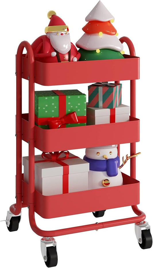 3-Tier Red Utility Rolling Cart,Kitchen Storage Carts with Wheels,Red Metal Rolling Cart for Office,Home,Kitchen,Garden(13.4"x18.1"x31") Red
