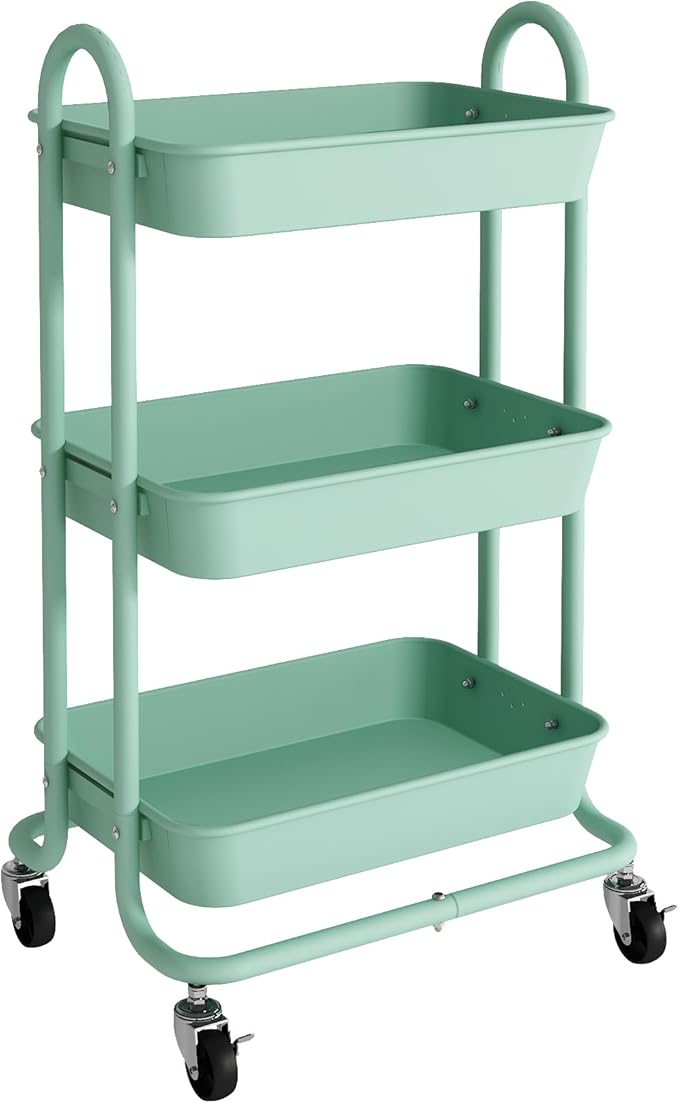 3-Tier Green Utility Rolling Cart,Kitchen Storage Carts with Wheels,Green Metal Rolling Cart for Office,Home,Kitchen,Garden๏ผ18"x11.4"x31.2"๏ผ