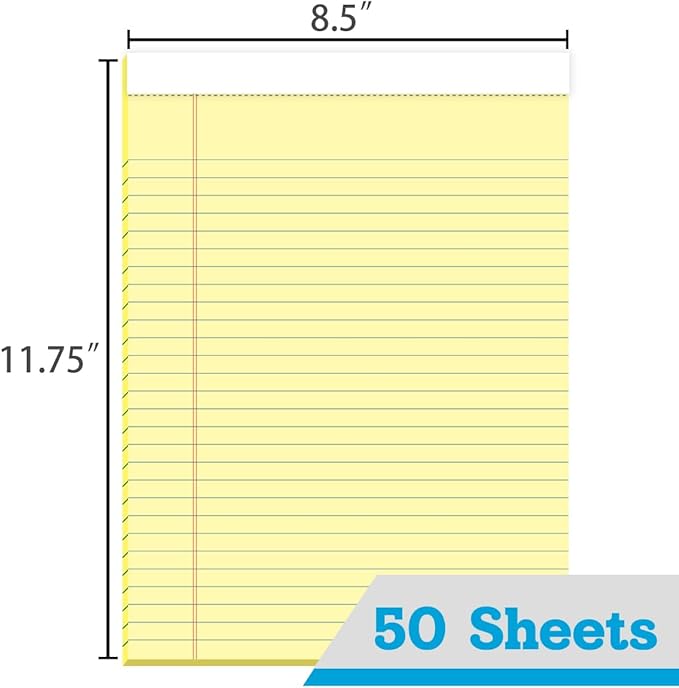 KAISA Legal Pads 8.5x11 Writing Pads Wide Ruled Notepads 8.5"x11.75" Canary Note Pads, Yellow 50 Sheets 12 Pads,WT-MCY50W