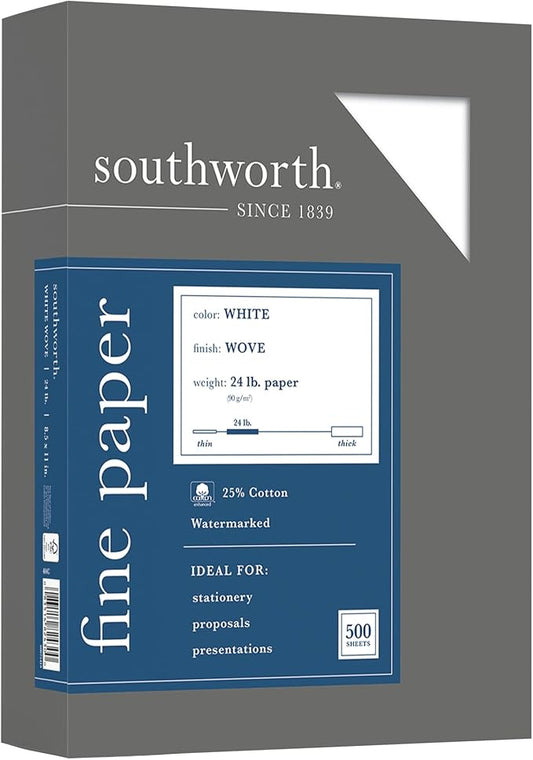 Southworth® 25% Cotton Business Paper, 8 1/2" x 11", 24 Lb, White, Box Of 500