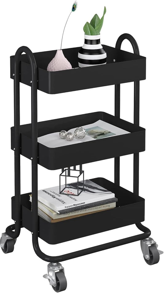3-Tier Rolling Metal Storage Organizer,Mobile Utility Cart,Kitchen Storage Carts with Caster Wheels,Rolling Utility Cart Suitable for Office,Home,Kitchen,Garden(13.4"x18.1"x31") Black