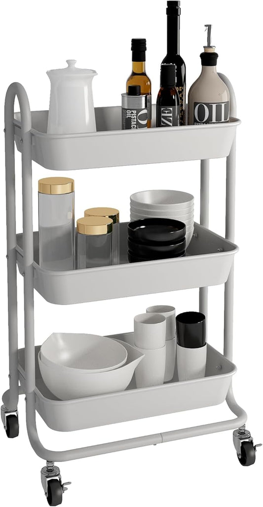 3-Tier White Utility Rolling Cart,Kitchen Storage Carts with Wheels,White Metal Rolling Cart for Office,Home,Kitchen,Garden(18"x11.4"x31.2")
