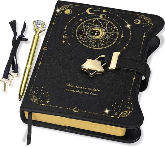 Diary with Lock and Keys for Girls Gift Ideas, 360 Kraft Pages Journal for Women, B6 Refillable Notebook for Writing with Pen and Bookmark (Astro Black)