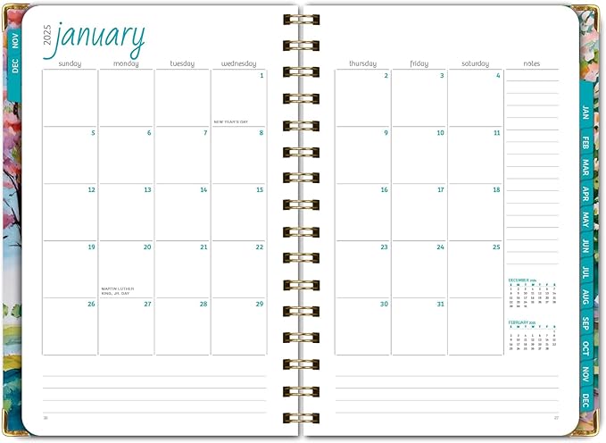 HARDCOVER 2025 Planner, 5.5"x8": 14 Months (November 2024 - December 2025), Daily Weekly Monthly Planner, Yearly Agenda, Bookmark, Pocket Folder and Sticky Note Set (Watercolor Tree)