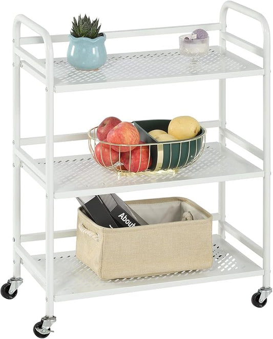 3-Tier Mesh Metal Rolling Cart, Multipurpose Heavy Duty Cart, Multipurpose Storage Rack,Utility Cart, High Capacity Cart with Locking Wheels(White)