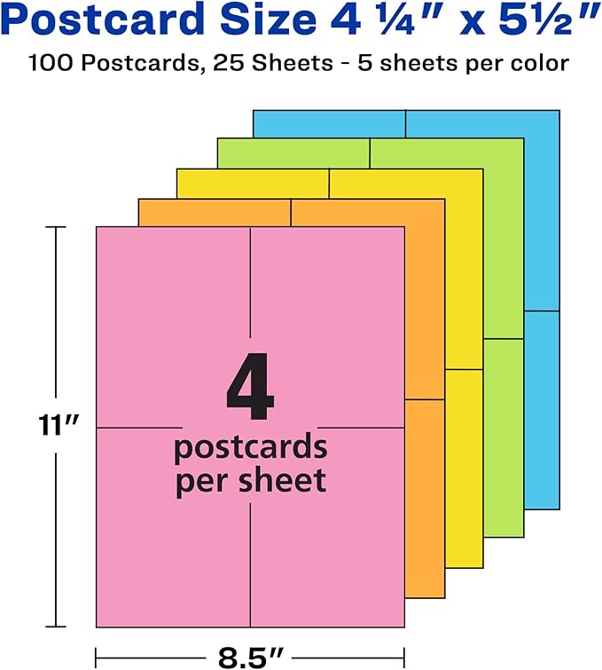 Avery Astrobrights Postcards, 4.25" x 5.5", Assorted Colors, 65 lbs / 176 gsm, Laser/Inkjet, 100 Cards (35704)