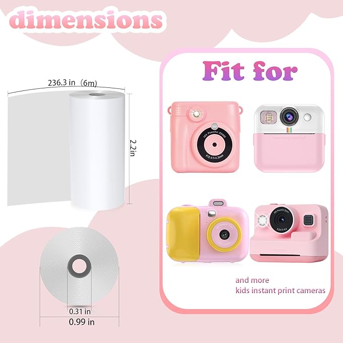 6 Rolls Kids Camera Instant Print Refill Paper Set, Phetium HD Printing Thermal Paper for Most Kids Instant Camera Photo Print (White-6 Rolls)