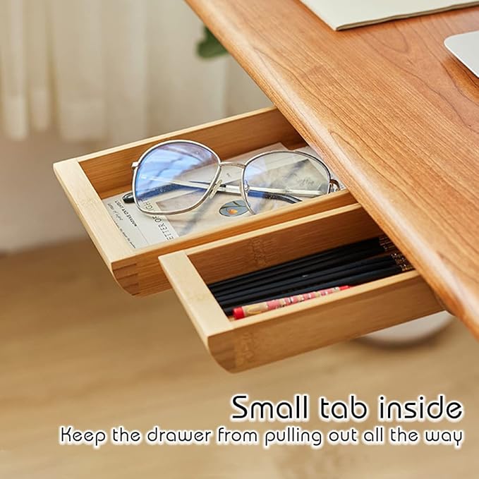 Under Desk Drawer Wood, Self-Adhesive Hidden Drawer Organizer Slide Out, Easy Installation Handmade Under Table Storage, Attachable Pencil Phone Holder For Office Home (Bamboo Small)