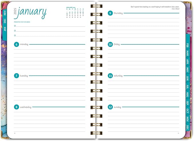 HARDCOVER 2025 Planner, 5.5"x8": 14 Months (November 2024 - December 2025), Daily Weekly Monthly Planner, Yearly Agenda, Bookmark, Pocket Folder and Sticky Note Set (Rainbow Gold Marble)