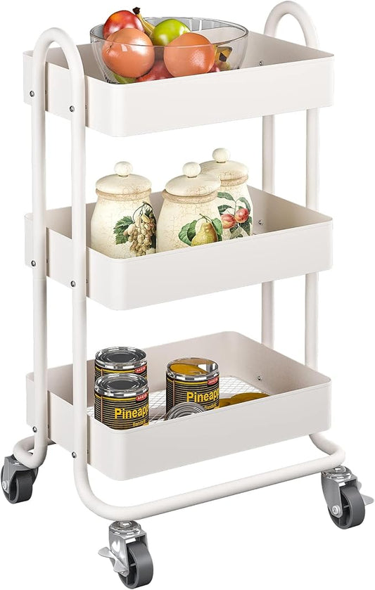 3-Tier Rolling Cart,Metal Rolling Utility Cart with Handle,Steel Multifunction Carts with Wheels,Kitchen Storage Carts Suitable for Office,Home,Kitchen,Garden(13.4"x18.1"x31") White