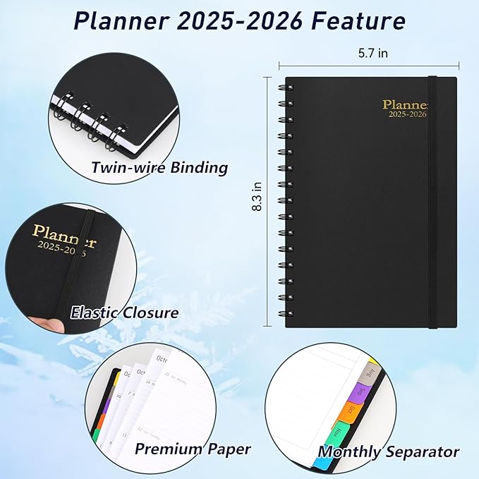 Daily Planner 2025-2026 - 18 Month Planner with Tabs, Calendar Yearly Monthly Weekly Spiral Time Management Planner, January 2025 - June 2026, Flexible Cover, 100GSM Thick Paper, A5 Size, Black