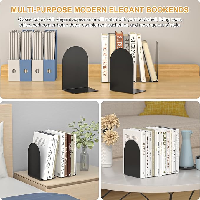 Bookends 3 Pairs, Metal Round Book Ends, Bookends for Shelves, Book Ends for Desk, Book End to Hold Books, Book Stopper, Black Bookend for Home Office