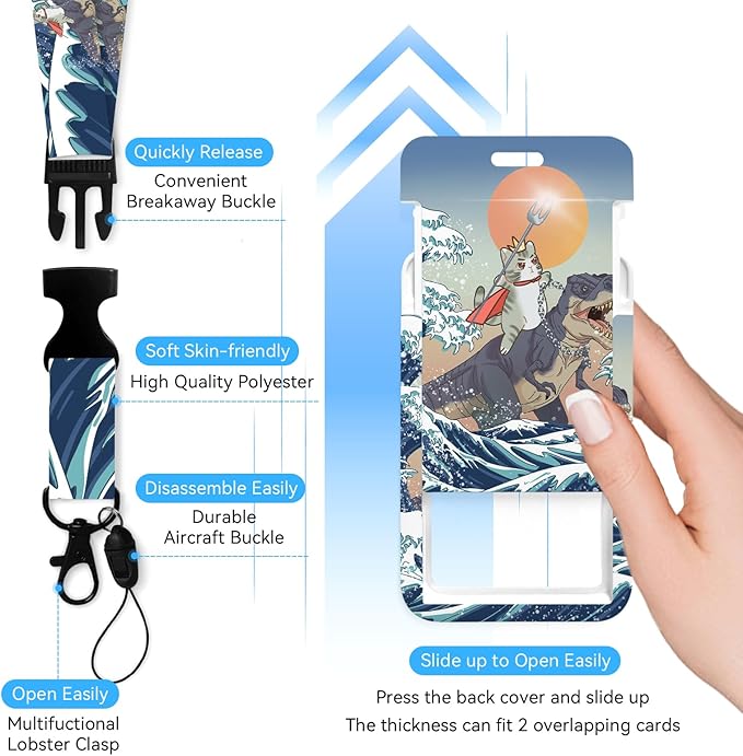 Funny Surfing Cat Badge Holder with Retractable Reel and Breakaway Lanyard,Badge Clips Retractable Heavy Duty Badge Reel,ID Holder with Breakaway Lanyard for School Nurse Office Teen