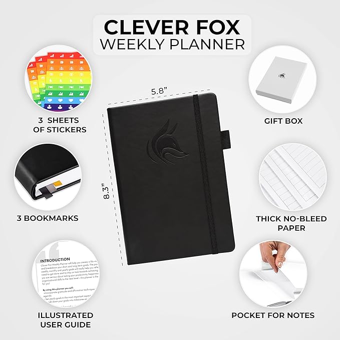 Clever Fox Dated Planner 2025-2026 – Weekly Life Planner Notebook for Goal Setting & Time Management – Planner with Habits Tracker, to-do List & Dated Pages – A5, Lasts 1 Year (Black)