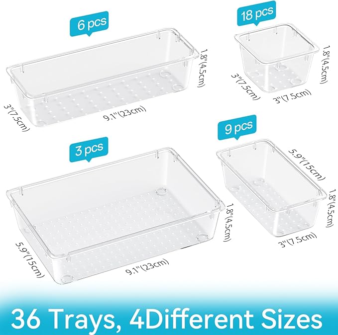 36 PCS Drawer Organizer Set, 4 Sizes Clear Plastic Makeup Vanity Organizer, Multi-Purpose Storage Bins for Makeup, Stationery, Gadgets, Transparent