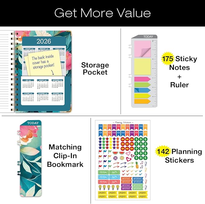 HARDCOVER 2025 Planner, 7"x9": 14 Months (November 2024 - December 2025), Daily Weekly Monthly Planner, Yearly Agenda, Bookmark, Pocket Folder and Sticky Note Set (Teal Floral)
